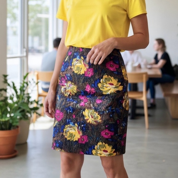 J. Crew Silk Cotton Black Floral Metallic Textured Straight Pencil Skirt 4 - Picture 1 of 9